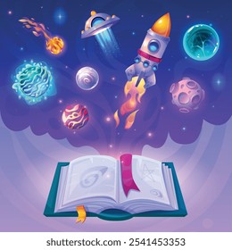 Universe book imagination. Open fantasy storybook or astronomy textbook with night space galaxy investigation cartoon background, children read education swanky vector illustration