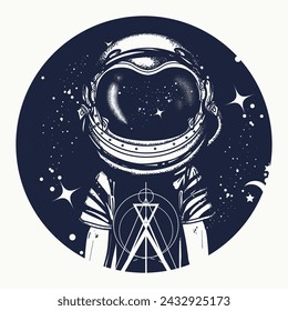 Universe and boy wearing an astronaut's helmet tattoo. Young spaceman. Symbol of dreams, science, imagination, creativity, space adventure. T-shirt design