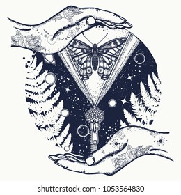 Universe and butterfly tattoo art. Symbol of esoterics, mysticism, astrology, dream 