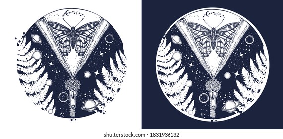Universe and butterfly tattoo art. Symbol of esoterics, mysticism, astrology, dream. Surreal t-shirt design. Black and white vector graphics 