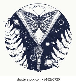 Universe and butterfly tattoo art. Symbol of esoterics, mysticism, astrology, dream. Surreal Universe, planet and star t-shirt design 