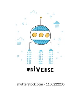 Universe. Card template with cute UFO. Hand drawn graphic for typography poster, card, label, brochure, flyer, page, banner, baby wear, nursery. Vector illustration in blue and yellow. 