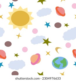 Universe cartoon background, sun star cloud and earth cartoon seamless repeat style, replete image design for fabric printing , kids wallpaper or wrapping 