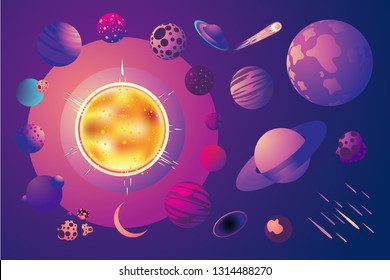 Universe with cartoon planets. Set of space objects. Solar system vector clip art.