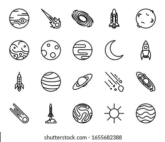 Universe, celestial bodies, rocket launching, astronomy and more, thin line icons set. Cosmos exploration isolated on white background. Space Vector illustration