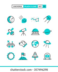 Universe, celestial bodies, rocket launching, astronomy and more. Plain and line icons set, flat design, vector illustration