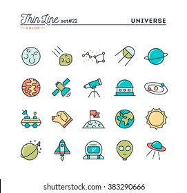 Universe, celestial bodies, rocket launching, astronomy and more, thin line color icons set, vector illustration