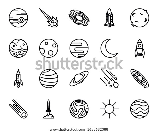 Universe, celestial bodies, rocket\
launching, astronomy and more, thin line icons set. Cosmos\
exploration isolated on white background. Space Vector\
illustration