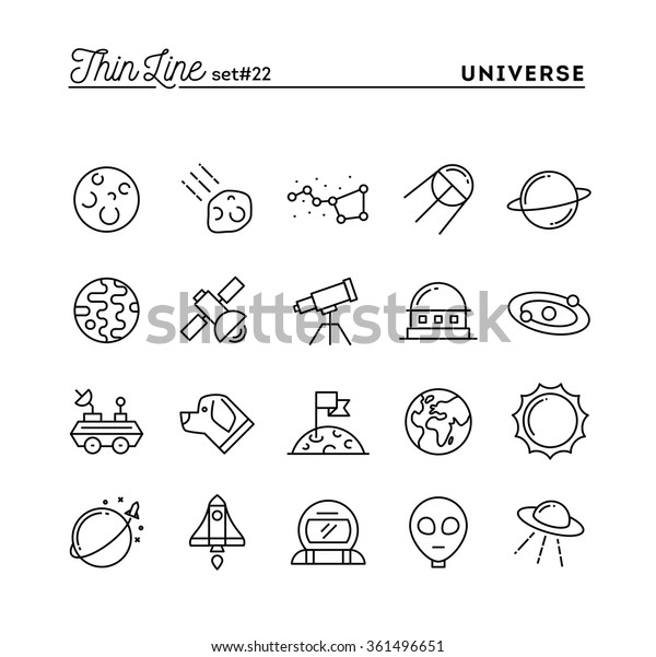 Universe, celestial\
bodies, rocket launching, astronomy and more, thin line icons set,\
vector illustration