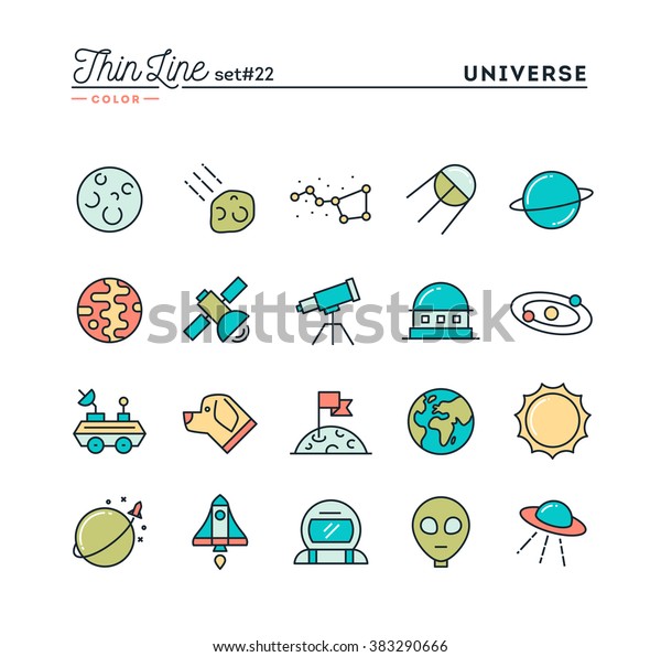 Universe, celestial\
bodies, rocket launching, astronomy and more, thin line color icons\
set, vector\
illustration