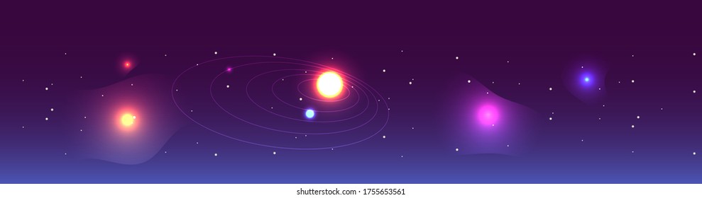 Universe chart flat color vector illustration. Astrological map with planet path. Cosmos map for planetarium. Milky way. Solar system 2D cartoon panorama with night sky on background