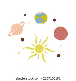 Universe in circle. Solar system print design. Sun with Saturn, Earth and other planets-satellites. Cute hand-drawn childish style vector isolated illustration.
