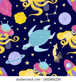 UNIVERSE CLOTH Cartoon Cosmos Space Sea Galactic Ocean Journey Traveling Seamless Pattern Vector Illustration For Print