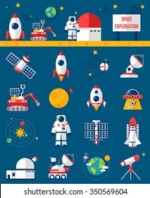 Universe cosmos flat icons collection with rocket cosmonaut and planet rover space exploration vehicle abstract isolated vector illustration