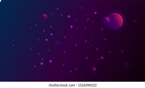 Universe, cosmos, outer space. Bright star small planets in blue dark night sky. Starry nights with bright, shinny stars, dots, points. 