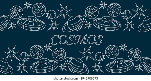 The universe, the cosmos. Seamless border. Doodles of planets, stars, spaceships, and satellites. Vector horizontal white on blue background. Copy Space for text