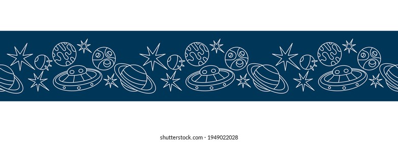 The universe, the cosmos. Seamless border. Doodles of planets, stars, spaceships, and satellites.
