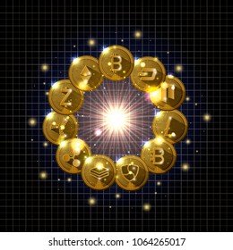 universe cryptocurrency gold set types icons