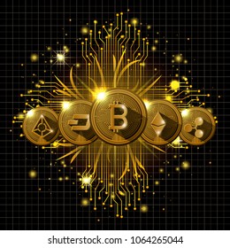 universe cryptocurrency gold set types icons