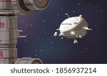 Universe exploration composition with space ship flying to international space station against starry sky cartoon vector illustration