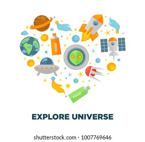 Universe exploration and galaxy space research flat vector heart poster