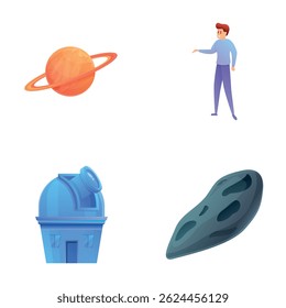 Universo explorando ícones definir desenho animado vetor. Observatório, planeta e meteorito. Conceito astronômico