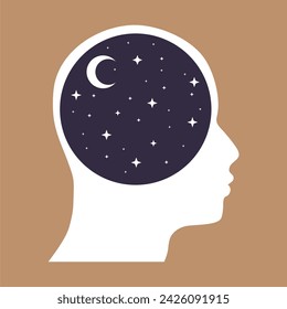 Universe filled by stars and crescent moon inside head. Dreaming about starlight night. Mental health