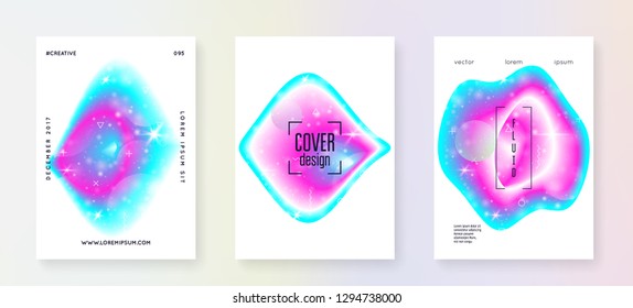 Universe flyer. 3d magic dreamer unicorn sparkles. Holographic gradients. Cosmos science cover set with planets, sun, deep fluid light. Universe flyer with galaxy shapes and star dust.
