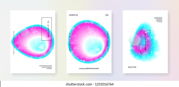 Universe flyer. Holographic gradients. Modern science template set with planets, sun, deep fluid light. 3d magic dreamer unicorn sparkles. Universe flyer with galaxy shapes and star dust.