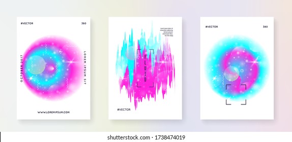 Universe flyer. Neon science banner set with planets, sun, deep fluid light. Holographic gradients. 3d magic dreamer unicorn sparkles. Universe flyer with galaxy shapes and star dust.