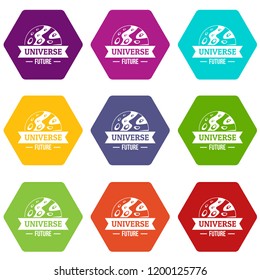 Universe future icons 9 set coloful isolated on white for web