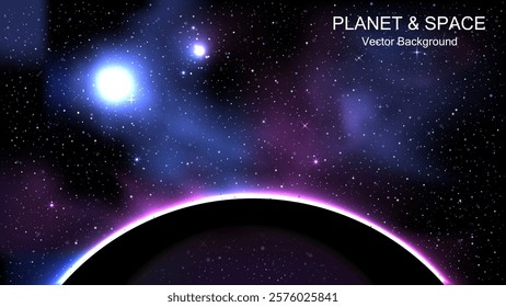 Universe Galaxy, Glowing Star and Planet Earth Design: Outer Space Universe Background Cover for Stunning Space Posters, Backgrounds, Banners, Covers, Leaflets, Flyers, and Brochures. Vector.