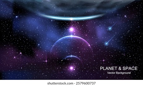 Universe Galaxy, Glowing Star and Planet Earth Design: Outer Space Universe Background Cover for Stunning Space Posters, Backgrounds, Banners, Covers, Leaflets, Flyers, and Brochures. Vector.