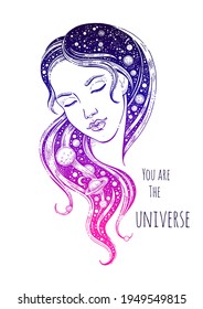 Universe Girl vector. Woman with night space hair. Surreal art with star, moon, galaxy. Girl face drawing. Astrology character for hipster tattoo, poster teen t-shirt print. Cute universe sky goddess