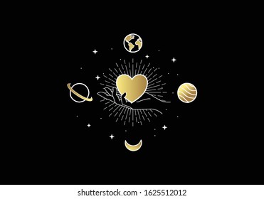 Universe of hearts. Heart or love symbol with planets and stars. Vintage boho magic design style. For spiritual guidance, tarot readers, valentine gift cards.