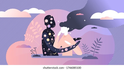 Universe hug vector illustration. Abstract spiritual flat tiny person concept. Symbolic esoteric visualization with abstract cosmos and human connection. Mystical space interaction to your body spirit