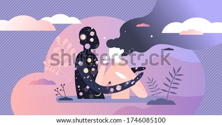 Universe hug vector illustration. Abstract spiritual flat tiny person concept. Symbolic esoteric visualization with abstract cosmos and human connection. Mystical space interaction to your body spirit