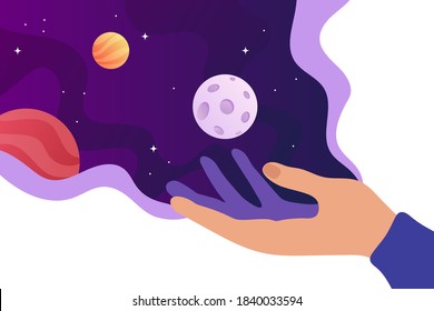 The universe in the human palm.  Dream. Concept. Space background with planets, stars. Vector flat cartoon illustration. Horizontal space background with abstract shapes. Web design. space exploring.