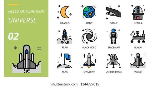 Universe icon pack filled outline style. Icons for universe,uranus,orbit,drone,nebula,flag,black hold,spaceman,robot,flag,spaceship,lander space,rocket.