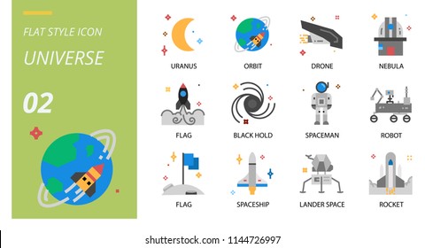 Universe icon pack flat style. Icons for universe,uranus,orbit,drone,nebula,flag,black hold,spaceman,robot,flag,spaceship,lander space,rocket.