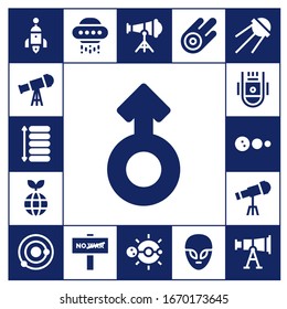 universe icon set. 17 filled universe icons. Included Rocket, Telescope, Spacing, Mars, Planet, Space capsule, Solar system, Ufo, War, Asteroid, Alien, Sputnik icons