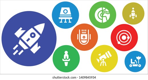 universe icon set. 9 filled universe icons.  Collection Of - Rocket, Space capsule, Planet, Venus, Telescope, Solar system, Moon rover