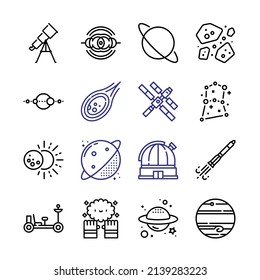 Conjunto de iconos de universo con iconos de línea. Estilo De Línea Delgada Moderna. Adecuado para Web e Icono móvil. Ilustración del vector EPS 10.