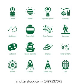 universe icons. Editable 16 universe icons. Included icons such as Lander, Planet, Space capsule, Landing, Big dipper, Space suit, Solar system. universe trendy icons for web.