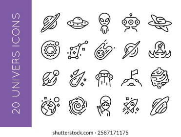 Universe icons. Set of 20 space trendy minimal icons. Example: Planet, UFO, Moon, Telescope, Comet icon. Design signs for web page, mobile app, packaging design. Vector illustration.