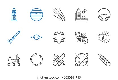 universe icons set. Collection of universe with asteroid, planet, hubble space telescope, mars rover, eclipse, black hole, moon phases, solar system. Editable and scalable universe icons.