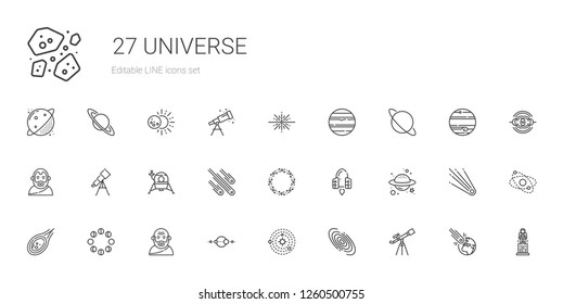 universe icons set. Collection of universe with telescope, galaxy, solar system, socrates, moon phases, meteorite, planet, spaceship, asteroid. Editable and scalable universe icons.