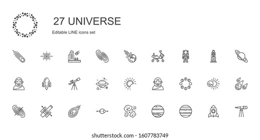 universe icons set. Collection of universe with venus, jupiter, asteroids, solar system, meteorite, hubble space telescope, black hole, moon phases. Editable and scalable universe icons.