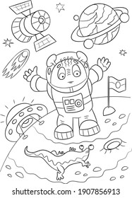 Universe illustration. Shuttle coloring page. Space ship and planets sketch. Alien coloring book page design. Space background. Cosmos coloring page