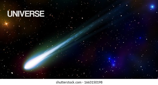 Universe infinite space background with glowing stars and meteorite with illusion of depth and perspective vector illustration. Sparkling stars of nebula. Abstract futuristic hyperspace universe.